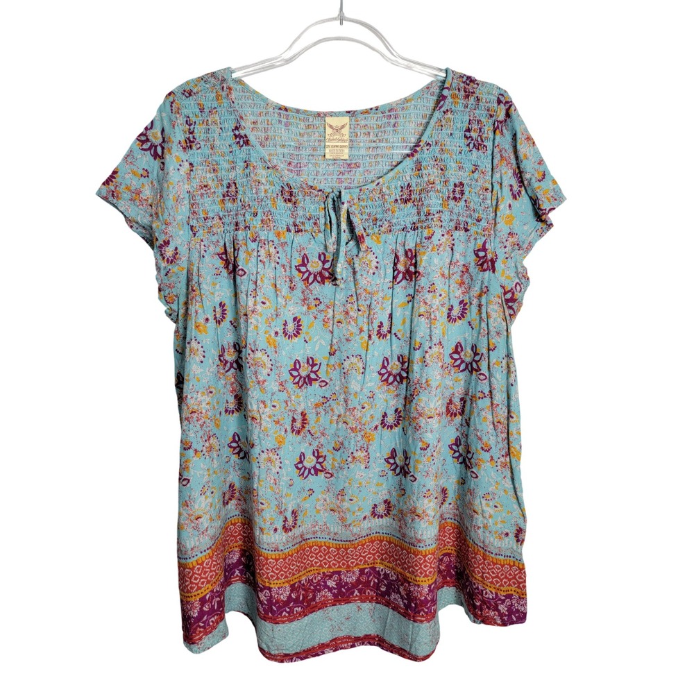 Faded Glory Womens 2X Blouse Blue Floral Smocked Boho Peasant Top Short Sleeve